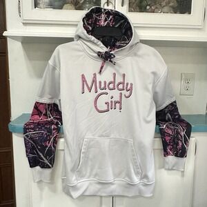 MUDDY GIRL White & Camouflage Hoodie Size L Women's Cozy Outdoor Streetwear